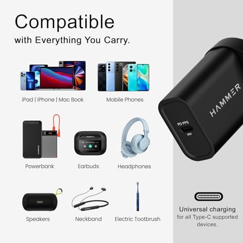 Image of Hammer 36W Fast GaN Charger, iPhone 0 to 50% in 30mins, Compatible with iPhone 17,16, 15, 14, 13, 12, Samsung Mobiles & Laptop, FCC /CE Certified, 2 Yr Warranty, with C to C Cable (Black)