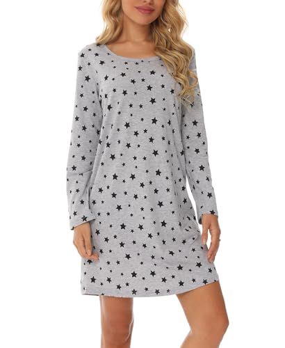MIA LUCCE Camisón de manga larga para mujer, camisón de algodón, camisón de dormir, vestido de casa, camisón suave y ligero, vestido de noche para mujer, Estrella gris, XXL