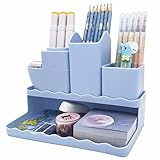 Cute Vertical Pen Organizer, Kawaii Desk Organizer Pen Holder Stationery, Marker Pencil Storage Caddy Tray for Office, School, Home & Art Supplies - Blue