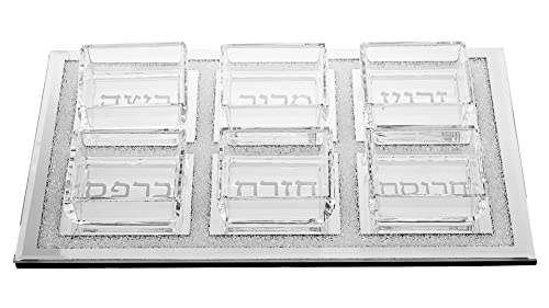(D) Judaica Glass Seder Plate With Glass Cup Transparent and Silver