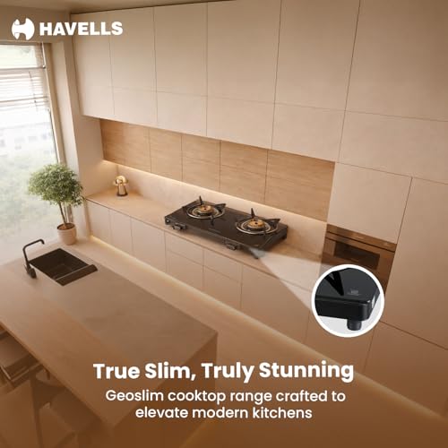 Image of Havells GEOSLIM Gas stove |2 Heavy Duty Forged Brass Burner|6 mm Toughened Glass|Premium Valves|Removable Drip Tray|Soft Touch Knobs|5 year Warranty on Burners, Glass & Valves by Havells (Black)