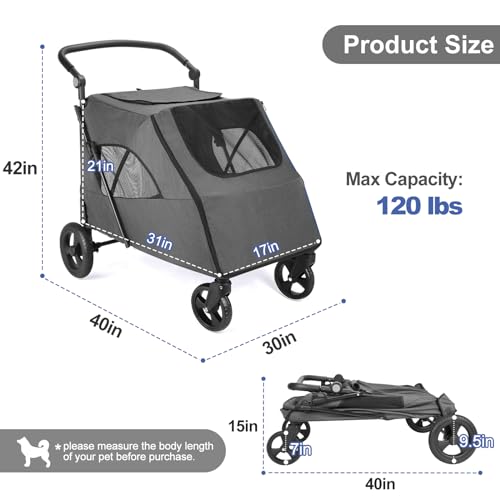 Dog-Stroller-for-Medium-Large-Dogs-Upto-120-lbs-Pet-Jogger-Wagon-Travel-Folding-Carrier-with-Adjustable-Handle-Sunroof-Rear-Brake-Security-Leash-Dark-gray - Cucciolini Doodles   Dog-Stroller-for-Medium-Large-Dogs-Upto-120-lbs-Pet-Jogger-Wagon-Travel-Folding-Carrier-with-Adjustable-Handle-Sunroof-Rear-Brake-Security-Leash-Dark-gray