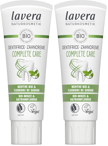 lavera Dentifricio Complete Care - Privo di biossido di titanio, 5 volte più protezione, menta biologica e fluoruro di sodio, vegano, 75 ml (Confezione da 2)