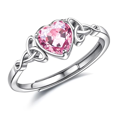 JeweBella 925 Sterling Silver Rings for Women Adjustable Heart Birthstone Celtic Knot Ring Engagement Ring Wedding Promise Ring Thumb Rings for Women Girls Anniversary Jewellery Gifts with Gift Box