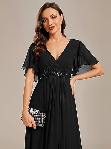 Image of Ever-Pretty Womens V Neck Applique Mother of the Bride Dresses Formal Dress | Chiffon, Short Sleeves, Ruched, A-Line, Bridesmaid Dresses, Formal Gown, Black Tie Dress