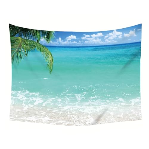 Tenture murale polyester bleu vert paysage tropical feuilles de palmier