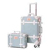 Unitravel Vintage Koffer Set 2 Teilig, Retro PU-Leder Handgepäck Koffer mit Kosmetikkoffer, Geprägtes Blau, S+M