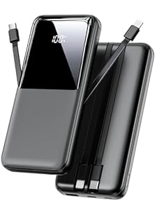 Power Bank 26800mAh, Tragbares Ladegerät mit 3 Anschlüssen & 2 integrierten Kabeln, USB C Schnellladung Powerbank Externer Akku Kompatibel mit iPhone 16 15 14 13 Samsung Galaxy, Schwarz