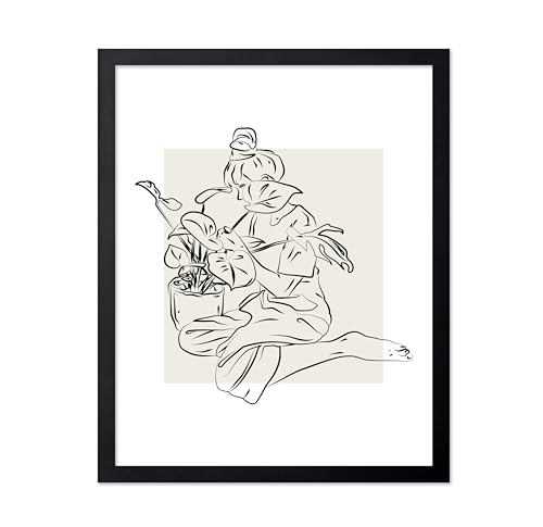 Poster Master Woman And Plant Poster - Retro Botanical Print - Floral Artwork - Line Sketch - Abstract Design - Chic Boho Art - Great Girl's Bedroom or Living Room Decor - 8x10 Black Framed
