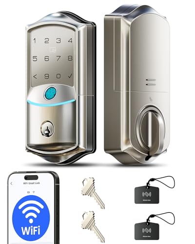Veise VE027 Built-in Wi-Fi Smart Lock, Fingerprint Keyless Entry Front Door Lock, App Remote & Voice Control, No Hub Needed, Touchscreen Keypad Deadbolt, IP65 Waterproof, BHMA Grade 3, Satin Nickel