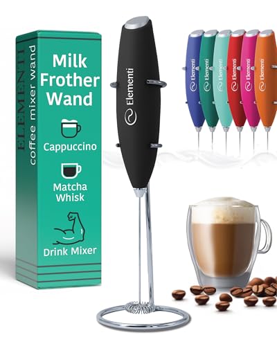 Image of Milk Frother Wand & Electric Stirrer with Stand - Turbo Coffee & Milk Frother Handheld - Hand Held Coffee Mixer Wand & Cold Foam Maker for Frothy Cappuccinos, Lattes & Drink Mixes at Home (Black)