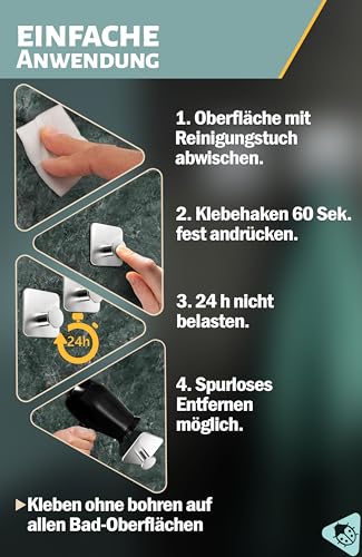 JUKOTA Handtuchhaken Ohne Bohren - 4 Stück Edelstahl Mit 3M Kleber