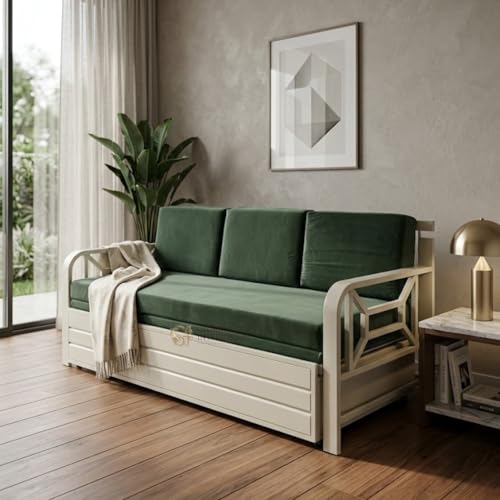 Image of Metal Frame Sofa Cum Bed with | Premium Velvet Fabric 3 Seater Pull-Out Sofa Bed | Space Saving Convertible Couch for Living Room | Modern Ivory Color Sofa Bed (6X4) | Comfortable sleeping