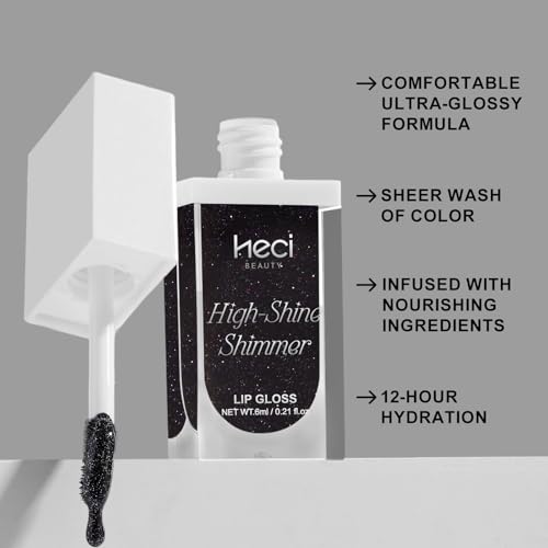 HECI BEAUTY Glitter Lip Gloss, Hydrating High Shine Lipgloss for Women, Non-Sticky Plumping Lip Oil with Vitamin E, Long Lasting Shimmer Finish for Daily Makeup, Midnight Black, 0.21 fl oz — view 3