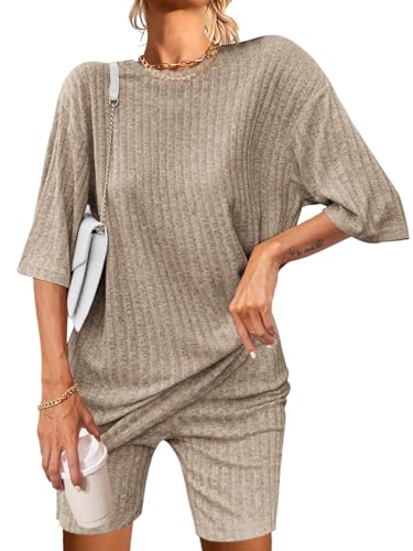 Image of Ekouaer Pajamas 2 Piece Lounge Sets Ribbed Knit Matching Outfits T-shirt Biker Shorts Sleepwear Loungewear Sweatsuits