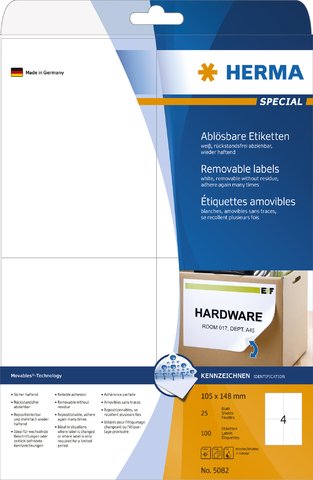 HERMA Etikett, Inkjet/Laser/Kopierer, selbstklebend, ablösbar, 105 x 148 mm, weiß (100 Stück), Sie erhalten 1 Packung á 100 Stück