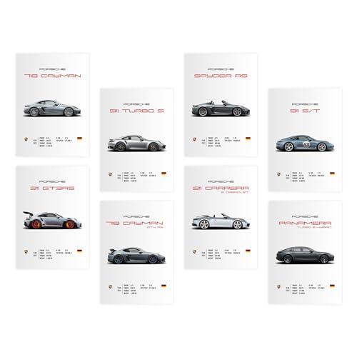Image of CodersParadise Porsche Sports Cars Wall Posters | 8x12 Inch (A4) Prints | Supercar Wall Art for Bedroom, Living Room, Office & Dining Room | Thick Cardstock Posters + Glue Dots - Pack of 8