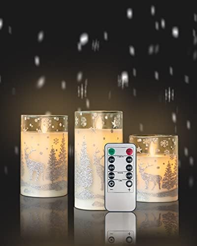 KALAHOL Glass Christmas Battery Candles with Remote, LED Candles Silver Reindeer Design with Timer, Flickering Flameless Candles Warm White Light - Set of 3