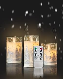 KALAHOL Glass Christmas Battery Candles with Remote, LED Candles Silver Reindeer Design with Timer, Flickering Flameless Candles Warm White Light - Set of 3