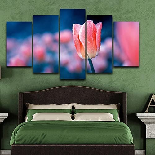 Toile photo art mural tulipe 5 pièces avec cadre 150x80cm pour salon