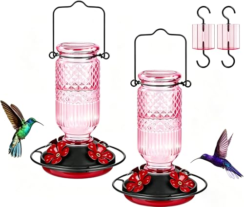 Image of FEED GARDEN Glass Hummingbird Feeder for Outdoors Hanging, 16 OZ Humming Bird Feeders with 4 Bee Guard Feeding Ports & Built-in Ant Moat, Hummingbird Gifts for Mom Bird Feeder for Outside, Pink,2 Pack