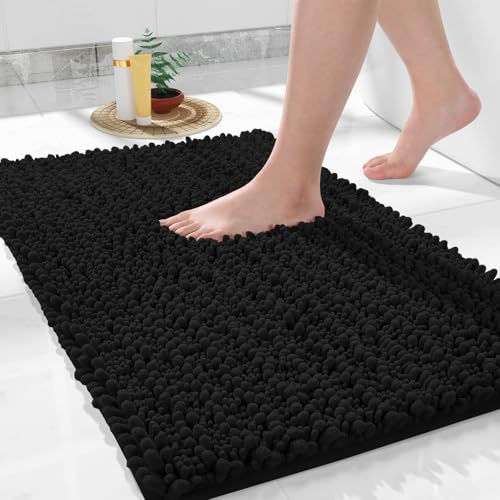 Yimobra Chenille Luxury Bathroom Rectangular Rug Mat 24X17,Extra Soft&Absorbent Bath Rugs,Non-Slip Plush Shaggy Bath Carpet,Machine Wash Dry,Bath Mats For Bathroom Floor,Tub And Shower,Black