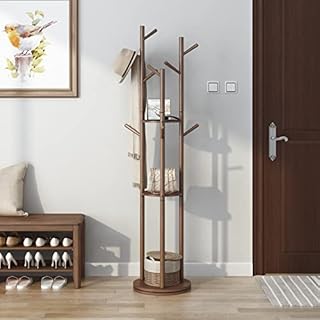KungFuWood Coat Stand Freestanding, Rotary Wood Coat Rack Stand with 3 Storage Shelves and 9 Hooks, Sturdy and Easy Assembly Standing Clothes Rack for Entryway, Hallway, Bedroom and Office(Walnut)