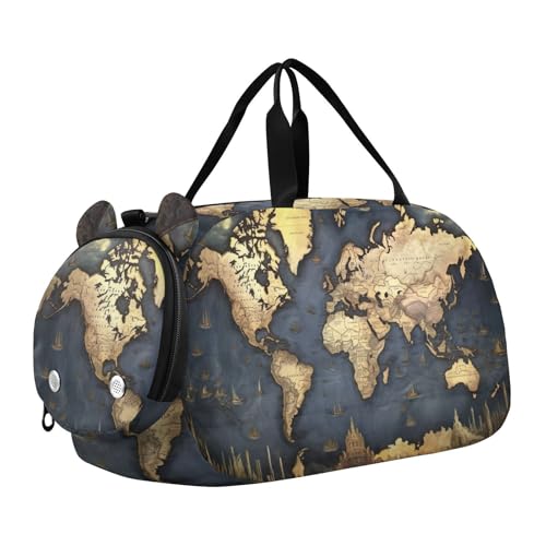 World Map Pattern Duffle Bag for Girl, Sports Duffle Gym Bags with Shoe Compartment, Personalized Overnight Bag Travel Weekender for Kids