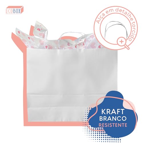 Kit 10 Sacolas De Presente Kraft Branca G Com Papel de Seda
