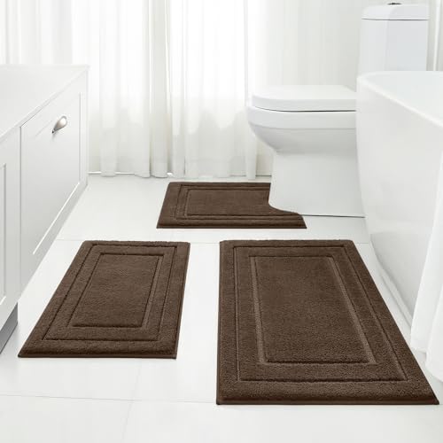 HOMEIDEAS Bathroom Rugs Sets 3 Piece Super Soft and Absorbent Non Slip Microfiber Toilet Bath Mat with U-Shaped (Brown)
