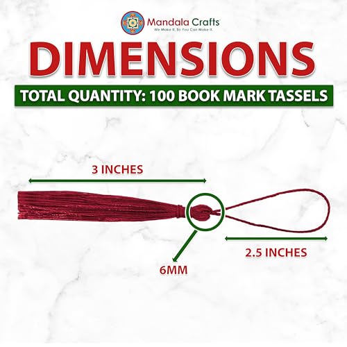 Image of Mandala Crafts Small Maroon Bookmark Tassels - 100 Bulk Silky Mini Craft Tassels with Loops for Bookmarks, Jewelry Making, Graduation Decorations, and Keychains