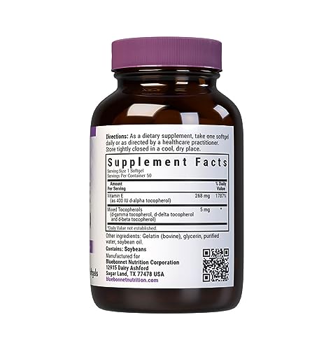 Bluebonnet Nutrition Vitamin E 400 Iu (268 Mg) Mixed Tocopherols Softgels, Free Radical Portection & Cardiovascular Support, Gluten-Free, Dairy-Free, 50 Softgels, 50 Servings #TOP1