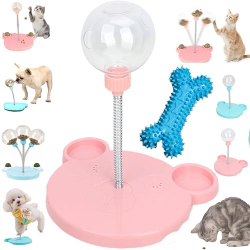 漏れるおやつボールペットフィーダーおもちゃ、漏れるボール、フードディスペンサー猫用おもちゃ、スプリング付きインタラクティブ猫用おやつディスペンサー、タンブラー猫用おもちゃ、子犬、小型犬、猫に最適、骨のおもちゃ付き(Pink)
