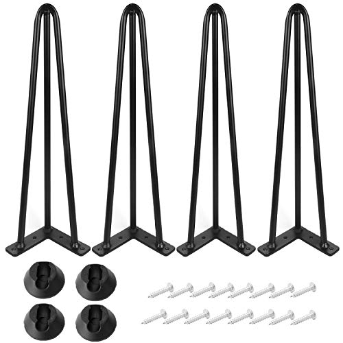 ALXEH 30 Inch Hairpin Table Legs 1/2” Dia 3-Rods Hairpin Furniture Feet 4pcs, Heavy Duty Black Hairpin Legs with Floor Protectors for Coffee Table, DIY Desk and Stand