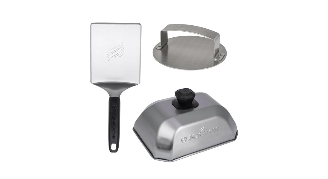 Blackstone 5462 Hamburger-Set (3-teilig), schwarz | Metall Flipper Spatel Pfannenwender Basting Cover Hamburger Press Patty Edelstahl Grillzubehör zum Grillen