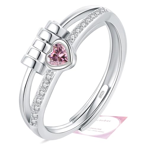 Birthstone Jewellery for Women, Adjustable October Birthstone Fidget Ring, Sterling Silver Plated Fidget Gifts, Pink Anxiety Heart Rings for Daughter Birthday Christmas