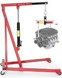 3000 LBS Hydraulic Engine Hoist with Lever, 1.5-Ton Telescoping Boom Shop Crane with 4 Heavy-Duty Casters, Garage & Warehouse Cherry Picker for Automotive, Machinery, and Equipment Lifting, Red