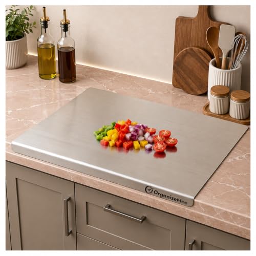 Image of OrganizeMee Stainless Steel 304 Fruit Chopping Cutting Board for Kitchen, Kitchen Metal Chopping Board for Vegetables Breads and Meats, Heavy Duty Safe (Platform Large 50X39CM)