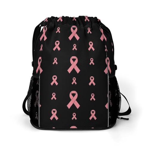 CFZZNYESQF Fashion Waterproof Breast Cancer Ribbon Black Drawstring Bag, Backpack Easy to Storage, Pull String Bags for Travel Sports Gym Beach Outdoor
