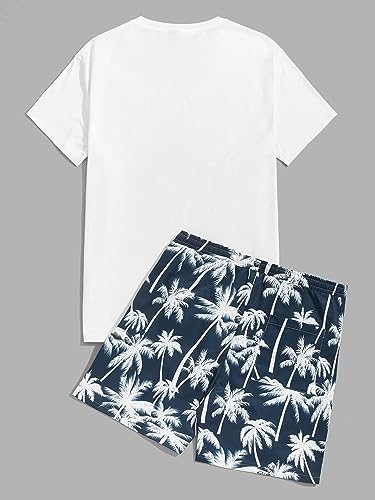 WDIRARA Men's Tropical Print Two Piece Drawstring Beach Shorts Set2