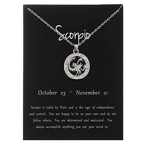 Zodiac 12 Constellation Sign Halskette Beautiful Black Card Silver Round Three-Dimensional Art Women/Men Horoscope Celestial Astrology Set Ladies Fashion Jewelry Birthday Gift Picture Scorpio
