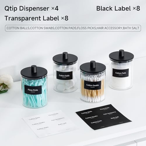 TIPGO Glass Qtip Holder Dispenser - 10 oz Clear Canister Apothecary Jar, Bathroom Vanity Storage Organizer Set for Cotton Swabs, Pads, Floss Picks, Small Containers for Makeup Storage (4 Pack, Black) by TIPGO - Image 2