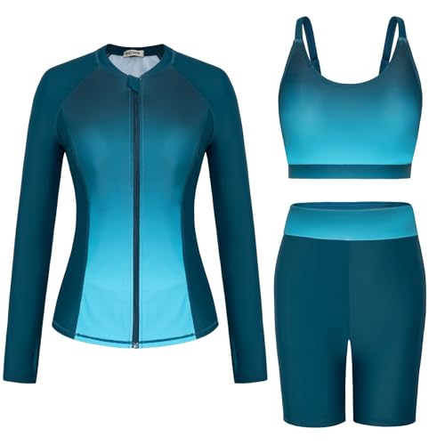 GRACE KARIN Traje de baño de 3 piezas para mujer, camiseta de protección contra erupciones integrada, manga larga, cremallera frontal, traje de baño para playa y surf, azul/negro, L