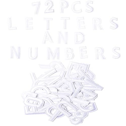 Harsgs 72 parches de números de letras para planchar, parches bordados, letras A-Z, números 0-9, apliques para ropa, vestido, sombrero, vaqueros, accesorios de bricolaje, color blanco