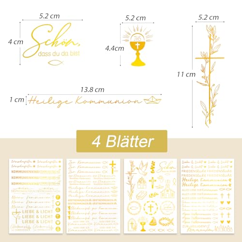 COMOOKA 4 Blatt 100+pcs Kerzentattoos Kommunion Goldfolie - Kommunion Deko Gold - Wasserschiebefolie Tattoo für Kerzen Tassen - Kommunionkerze Bastelset Zubehör - Aufkleber Mädchen Junge