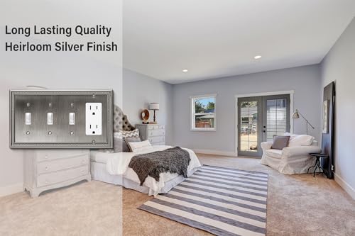 Image of Henne Bery Sunken Pearls Heavy Duty Decorative Wall Plate Switch Plate Outlet Cover (Triple Toggle /Single Decorator, Heirloom Silver)