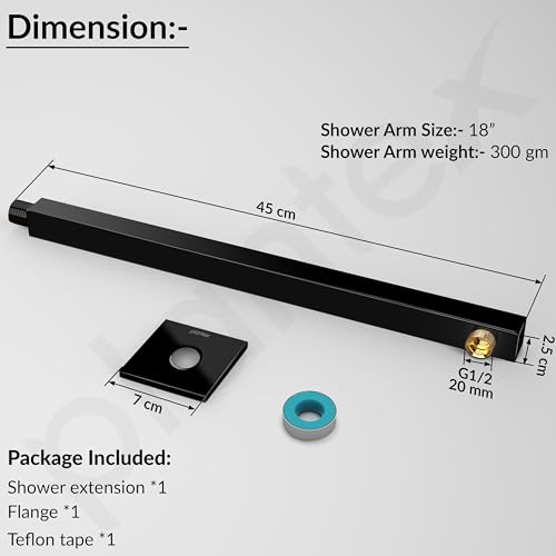 Image of Plantex 18-Inch Square Shower Arm for Overhead Shower /Stainless Steel Shower Pipe /Wall Mount Bathroom Fitting with -Inch Thread - Pack of 1 (Black)