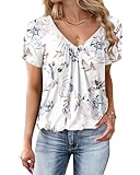 WNEEDU BASIC T-SHIRT KURZARM DAMEN - SOMMER LOCKERE BLUSE MIT V-AUSSCHNITT MIT PLISSIERTEM FRONTMIEDER WEISSE BLUMEN XL