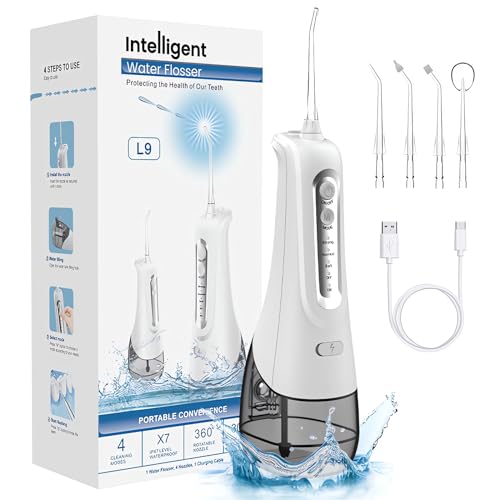 Water Dental Flosser, Water Flosser Cordless Teeth Pick, 4 Modes Portable Cordless Oral Irrigator, Waterproof Water Dental Picks for Teeth Cleaning, 6 Nozzles Water Flossing for Travel & Home (White)