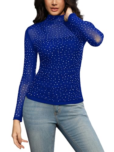 SEBOWEL Women Rhinestone Top Blouse Glitter Sparkly Ruched See Through Top Mock Turtle Neck Long Sleeve Sheer Mesh Tops3